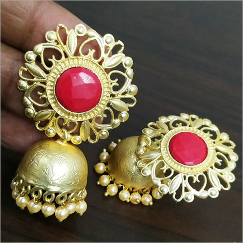 Ladies Matt Rose Gold Jaipuri Stone Stud Jhumka