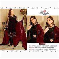 Net Salwar Kameez - Black Net Fabric, Heavy Butterfly Net Embroidery & Nazmeen Dupatta, Full Sleeves With Santoon Bottom - Exquisite Patch Work Design