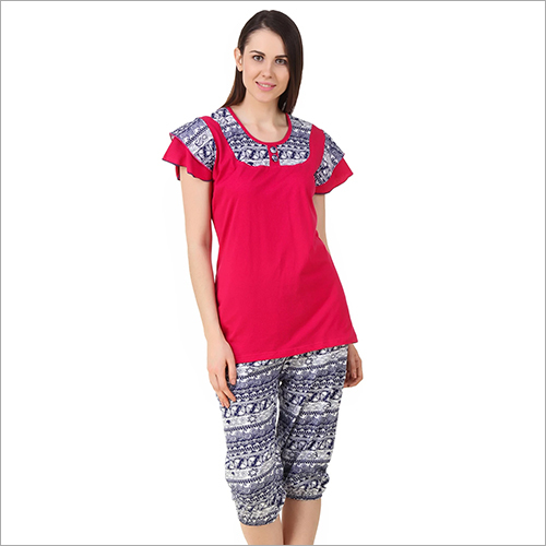 Cotton Nightwear Set - Multicolour Printed Design , Short Sleeves for Women in Rainy, Spring, and Summer Seasons