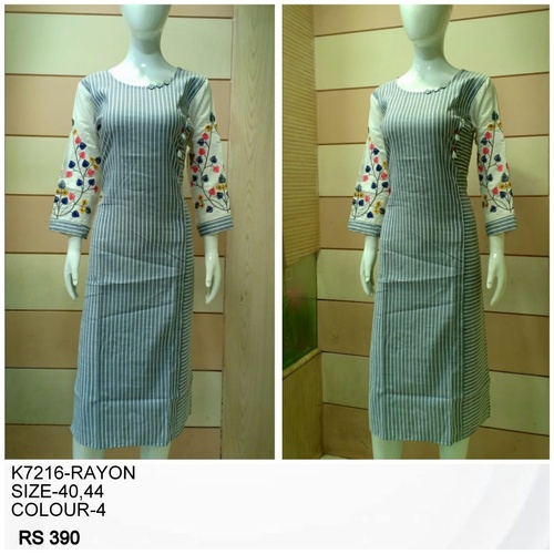 Designer Rayon Kurtis - Rayon, Size 40-44, Gray | Stylish Design, Embroidered Detail, Comfortable Fit, Versatile Style, Round Neckline, Three-Quarter Sleeves