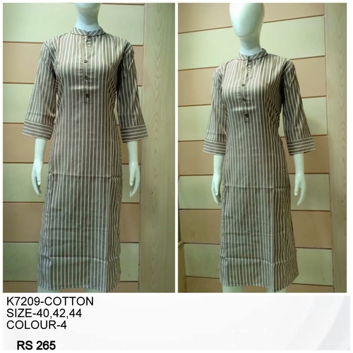 Partywear Cotton Kurtis - Cotton, Size 40-44, Beige | Mandarin Neckline, Striped Pattern, Three-Quarter Sleeves, Comfortable Fit