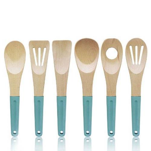 6pcs nature wood kitchen utensil set with silicone handle KC-106