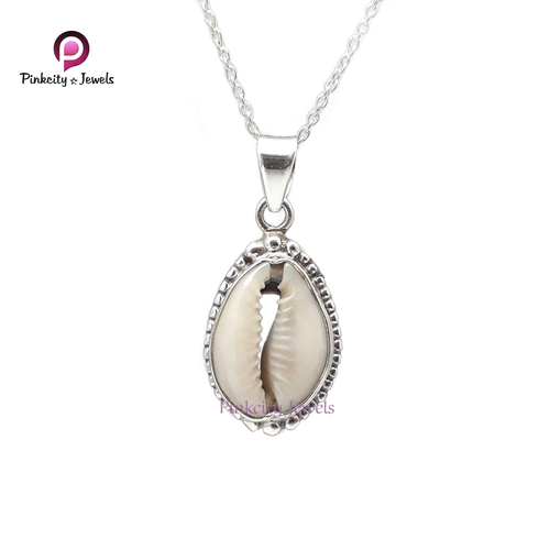Natural Sea Shell Gemstone Necklace - 925 Sterling Silver, Customized Size, Elegant White Color, Unisex Design for Engagement and Gift