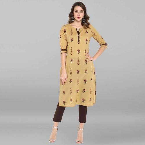 Beige Pure Cotton Kurta - Calf Length, 3/4 Sleeve, Floral Print | Casual, Daily Wear for Ladies, Washable, Available in Sizes XS-XXXL