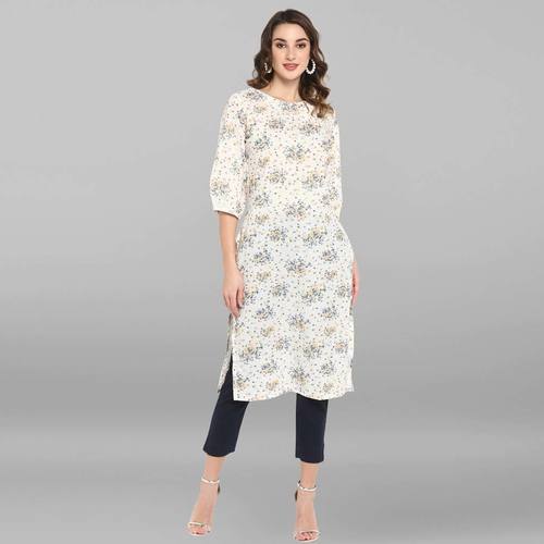 White Pure Cotton Kurta - Calf Length, 3/4 Sleeve, Straight Fit | Casual & Formal Wear for Ladies, Available in Sizes XS to XXXL, Floral Print Design