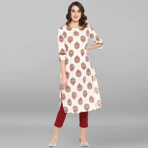 White Pure Cotton Kurta - Calf Length, 3/4 Sleeve, Floral Print Design | Casual, Formal, Daily Wear, Suitable for All Seasons, Ladies Sizes L-XXXL
