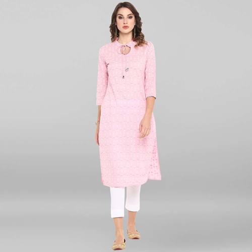 Pink Pure Cotton Kurta - Calf Length, 3/4 Sleeve, Floral Print Design | Washable, Suitable for Rainy, Spring, Summer, and Winter Seasons