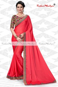 Silk Chiffon Two Tone Borders Sarees With Designer Blouse - Georgette Material, Multi Color | Plain Pattern, Other Indian Style
