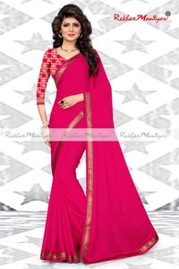 Bollywood Saree - Art Silk , Plain Pattern With Silver/golden Zari Embroidered Narrow Border, Comfortable Light Weight Silk Chiffon Fabric