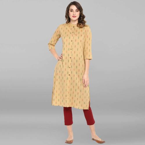 Janasya Women's Beige Pure Cotton Kurta - 3/4 Sleeve, Available in Sizes S to XXXL | Casual, Daily Wear, Ethnic, Suitable for All Seasons