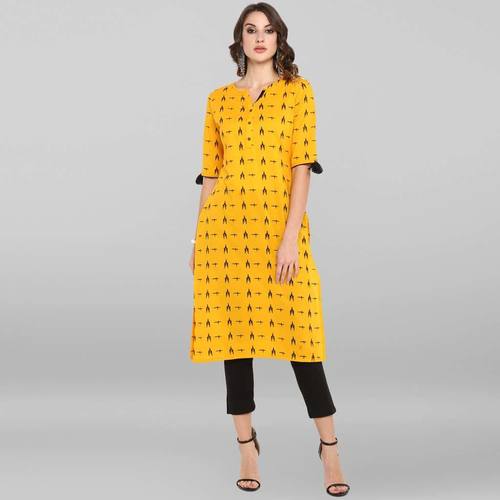 Janasya Women's Mustard Cotton Kurta - Calf Length, 3/4 Sleeve, Sizes XS-XXXL | Casual, Party Wear, Washable, Printed Design