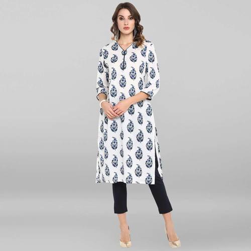 White Pure Cotton Kurta - XS to XXXL Size, 3/4 Sleeve, Calf Length, Casual and Formal Wear, Ideal for All Seasons, Elegant Floral Print