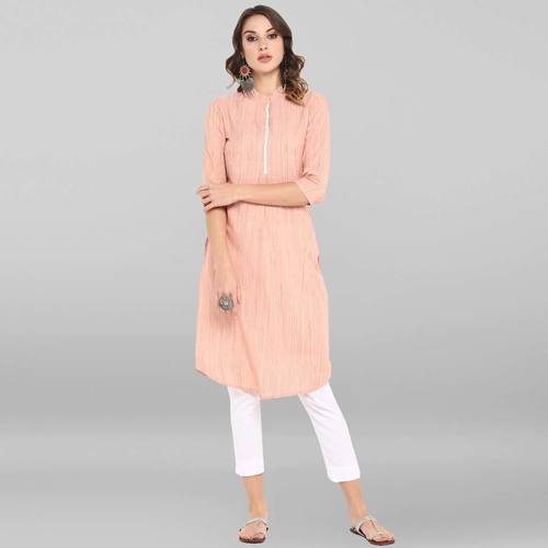 Peach Pure Cotton Kurta - Calf Length, 3/4 Sleeve, Size: XS-XXXL | Washable, Suitable for Rainy, Spring, Summer, Winter Wear