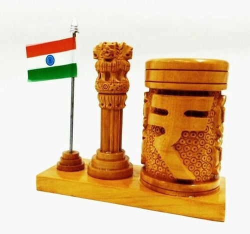 wooden rupee pen holder with flag and ashoka pillar
