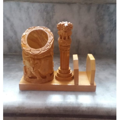 wooden pen stand with ashok stambh home decor gift set