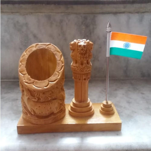 Wooden Pen Holder With Ashok Stambh Table Top Gift Set