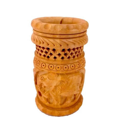 Round Carved Wooden Pen Stand