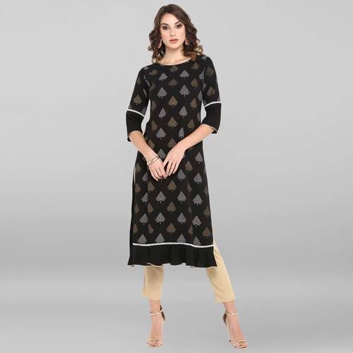 Black Poly Crepe Kurta - Calf Length, 3/4 Sleeve, Casual & Ethnic Wear | Washable, Available in Sizes XS to XXXL, Suitable for All Seasons