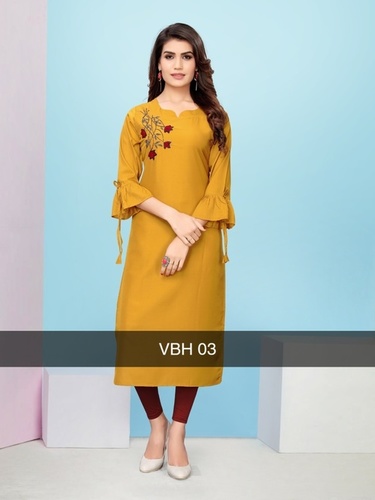 Kurtis - Heavy Rayon with Embroidery Work, Sizes M-38 to 2XL-44, Bright Yellow for All Seasons