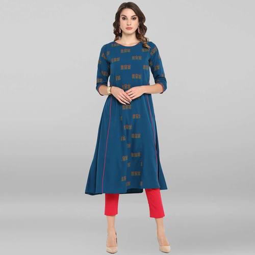 Teal Poly Crepe Kurta - Calf Length, 3/4 Sleeve A-line Design | Washable, Printed Pattern, Suitable for All Seasons, Available in Sizes XS-XXXL