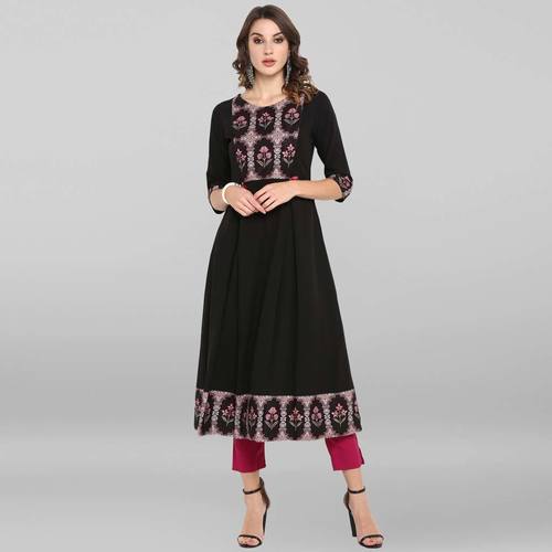 Black Poly Crepe Kurta - A-line Calf Length, 3/4 Sleeve Floral Print | Washable, Dry Clean, Ideal for Rainy & Spring Seasons
