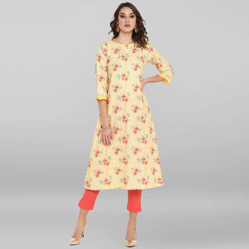 Yellow Poly Crepe Kurta - Calf Length, 3/4 Sleeve, A-Line Style, Floral Print | Washable, Suitable for Rainy and Spring Seasons