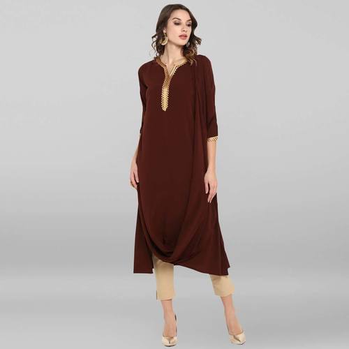 Brown Poly Crepe Cowl Kurta - Calf Length A-line Design, 3/4 Sleeve Style | Casual Wear for Ladies, Washable & Dry Cleanable in Various Sizes