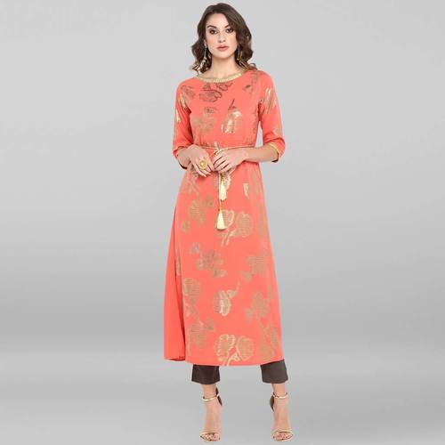 Pink Poly Crepe Kurta - Calf Length, A-line, 3/4 Sleeve, Casual Design | Washable, Ideal for Rainy, Spring, Summer, Winter Wear