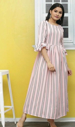 Cotton Trendy Kurti - Cotton, Pink, Maxi Length | Stylish Design, Soft Cotton, Comfortable Fit, Trendy Stripes, 3/4 Sleeves