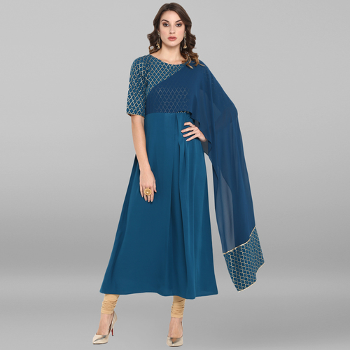 Dry Cleaning Turquoise Blue Poly Crepe Kurta