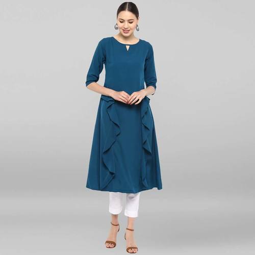 Janasya Women's Turquoise Blue Poly Crepe Ruffle Kurta - A-Line, Calf Length, 3/4 Sleeve | Casual, Daily Wear, Washable, Dry Cleanable, Sizes XS-XXXL