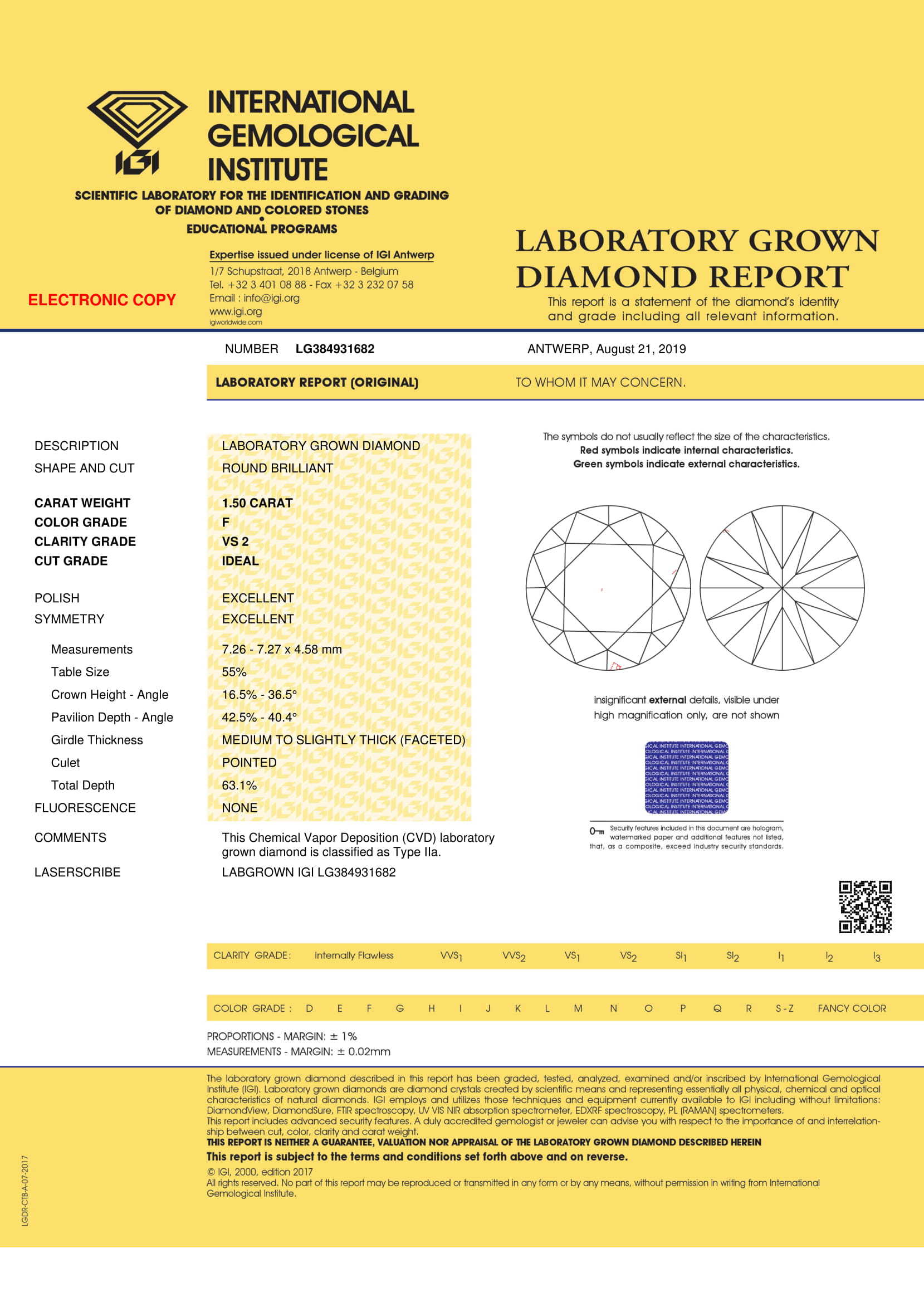 CVD Diamond 1.5ct F VS2 Round Brilliant Cut IGI Certified Stone