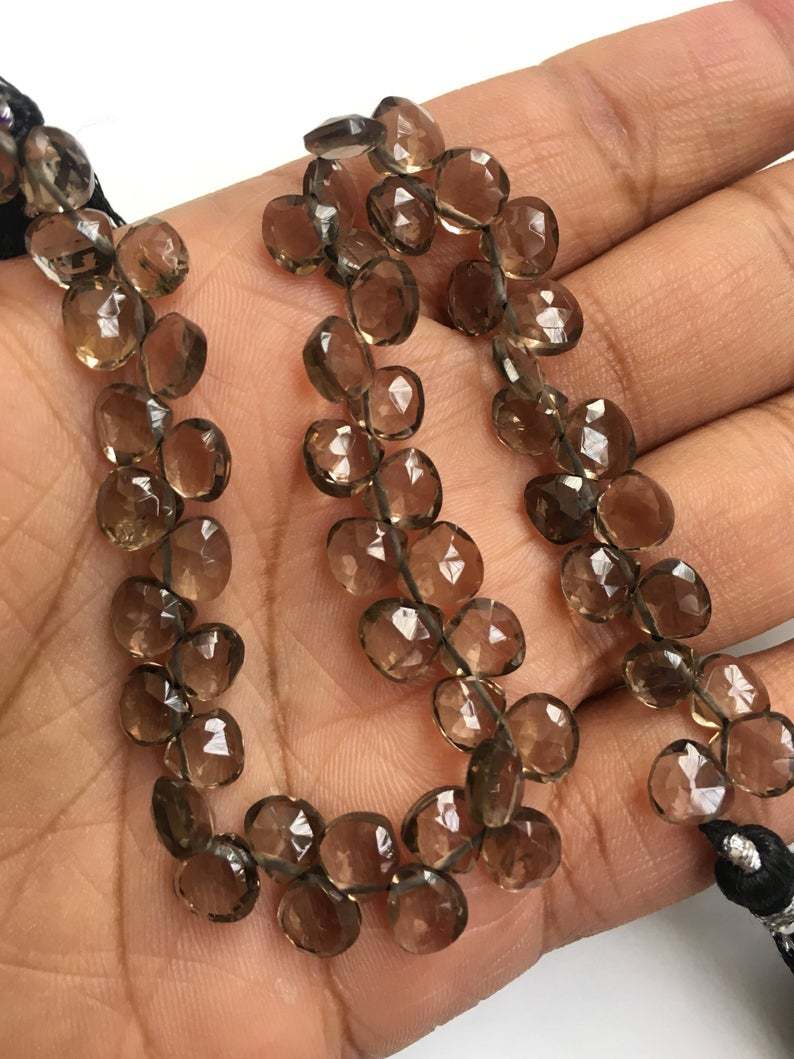 Natural smokey heart briolette 6.5mmx6.5mm/ smokey faceted briolette 8 inch strand