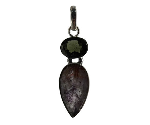 Faceted Moldavite & Cacoxenite Stone 925 Silver Pendant