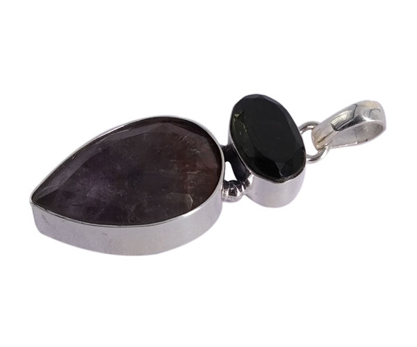 Faceted Moldavite & Cacoxenite Stone 925 Silver Pendant