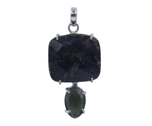 Brown Nuummite & Faceted Moldavite Stone 925 Silver Pendant