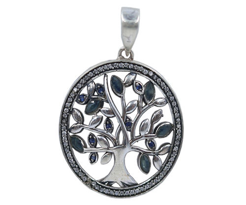 Tree Design Blue Sapphire Stone 925 Silver Pendant