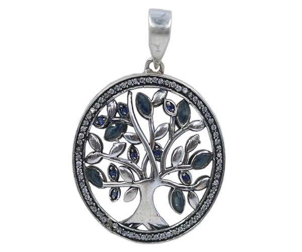 Tree Design Blue Sapphire Stone 925 Silver Pendant