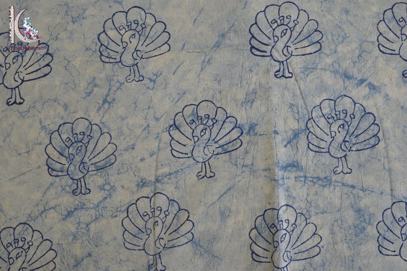 Indigo Blue Peacock Printed Fabric