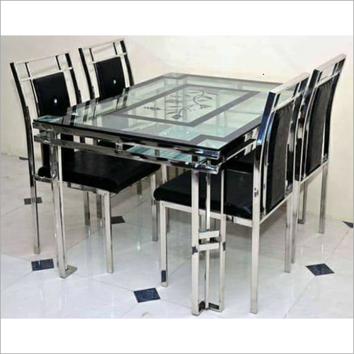 4 Seater SS Dining Table With Glass Top