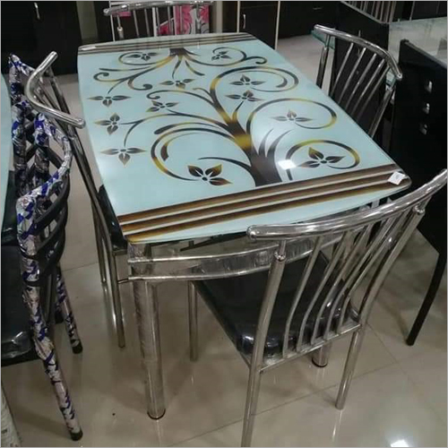 SS Printed Glass Top Dining Table Set