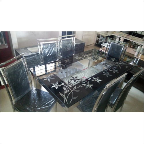 6 Seater SS Glass Top Dining Table Set