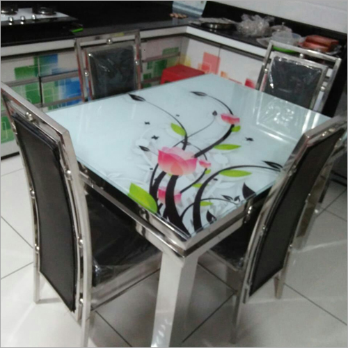 SS Printed Glass Top Table Dining Set