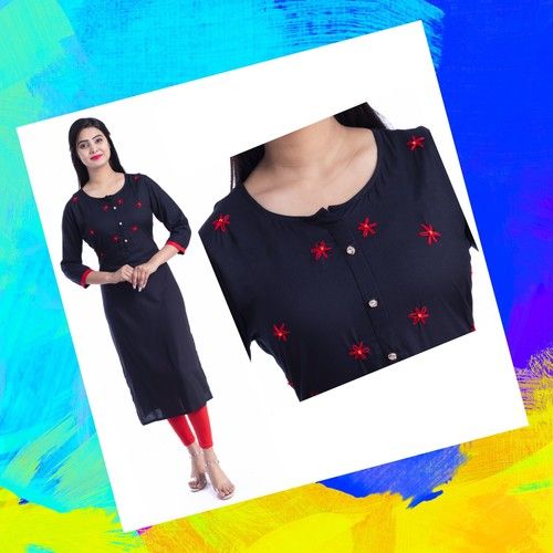 Rgp Fashion Groups Beautiful Hend Work Heavy Rayon 3/4 Sleeve Knee Long  Casual Kurtis For Woman Black (size-m,l,xl,xxl) Bust Size: M-38 at Best  Price in Pali