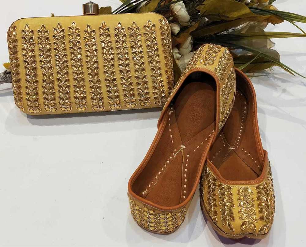 Ladies Cotton Punjabi Jutti - Yellow Colour, Customized Logo, Matching Clutch | No Fade, Washable, Leather Lining, All Season Perfect