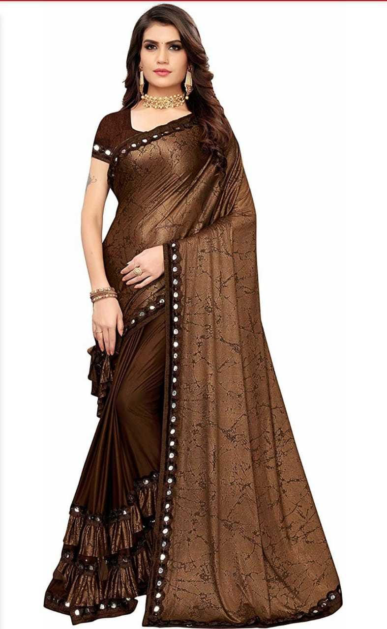 Fancy ruffele jarsi silk with Flog work saree
