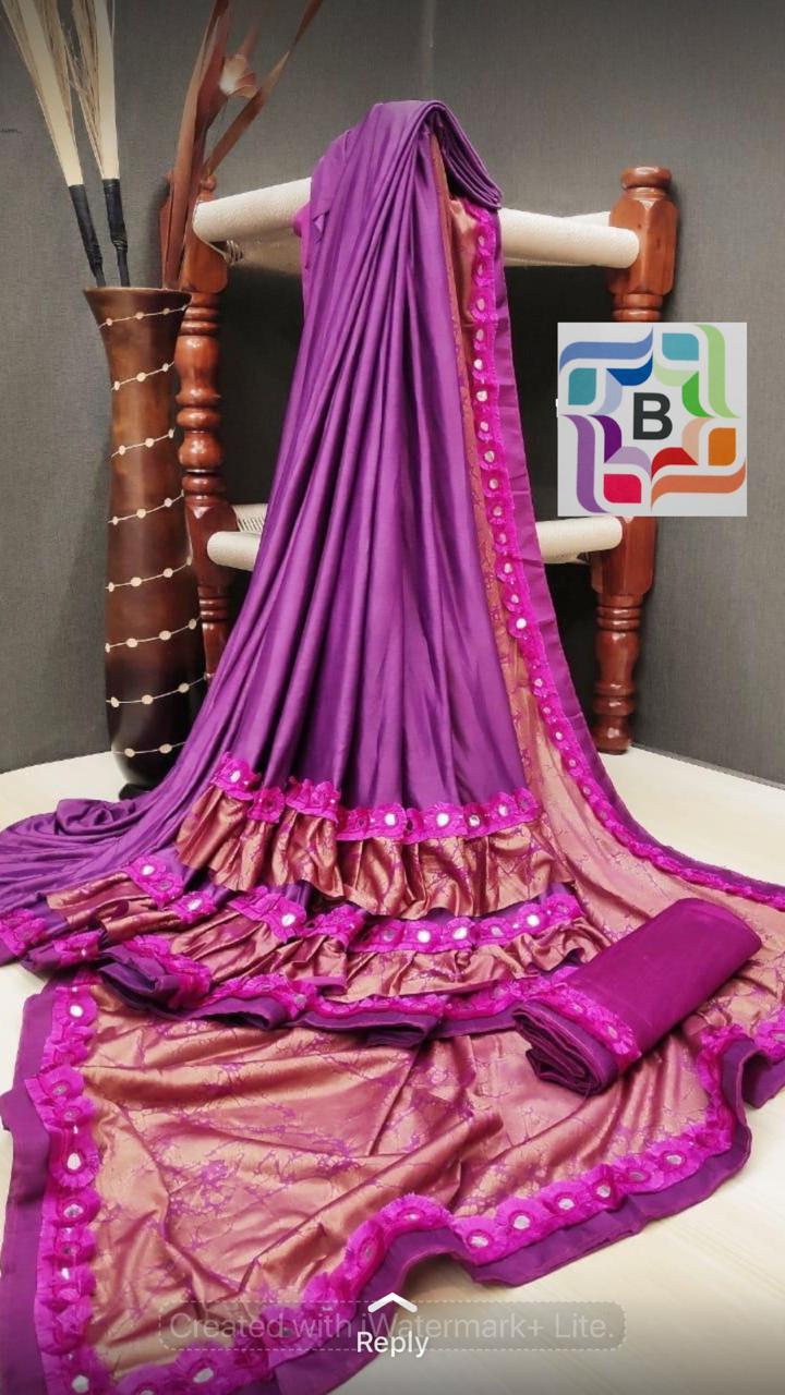 Fancy ruffele jarsi silk with Flog work saree
