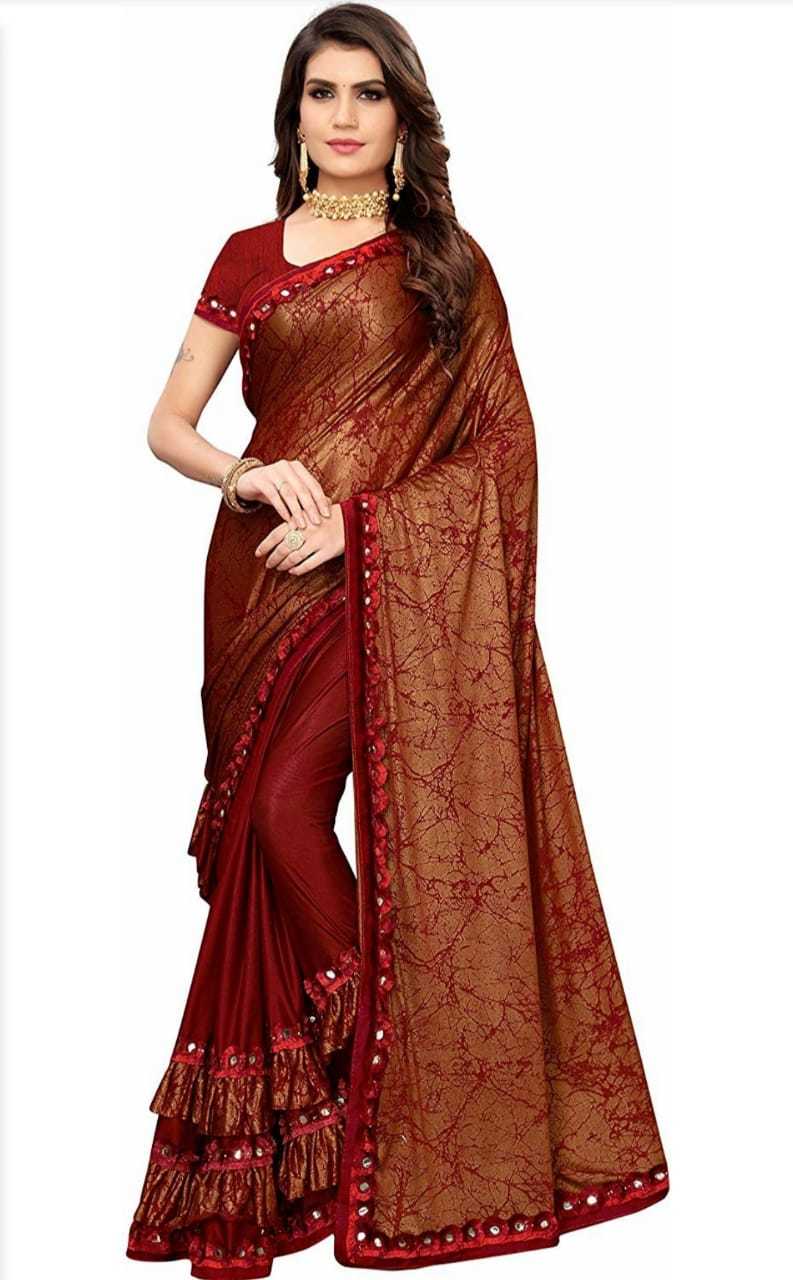 Fancy ruffele jarsi silk with Flog work saree