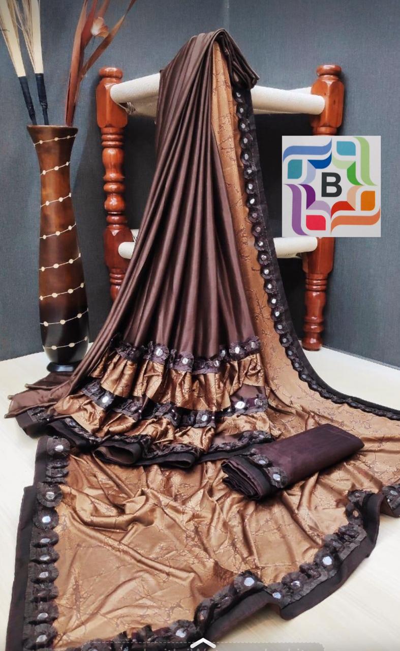 Fancy ruffele jarsi silk with Flog work saree