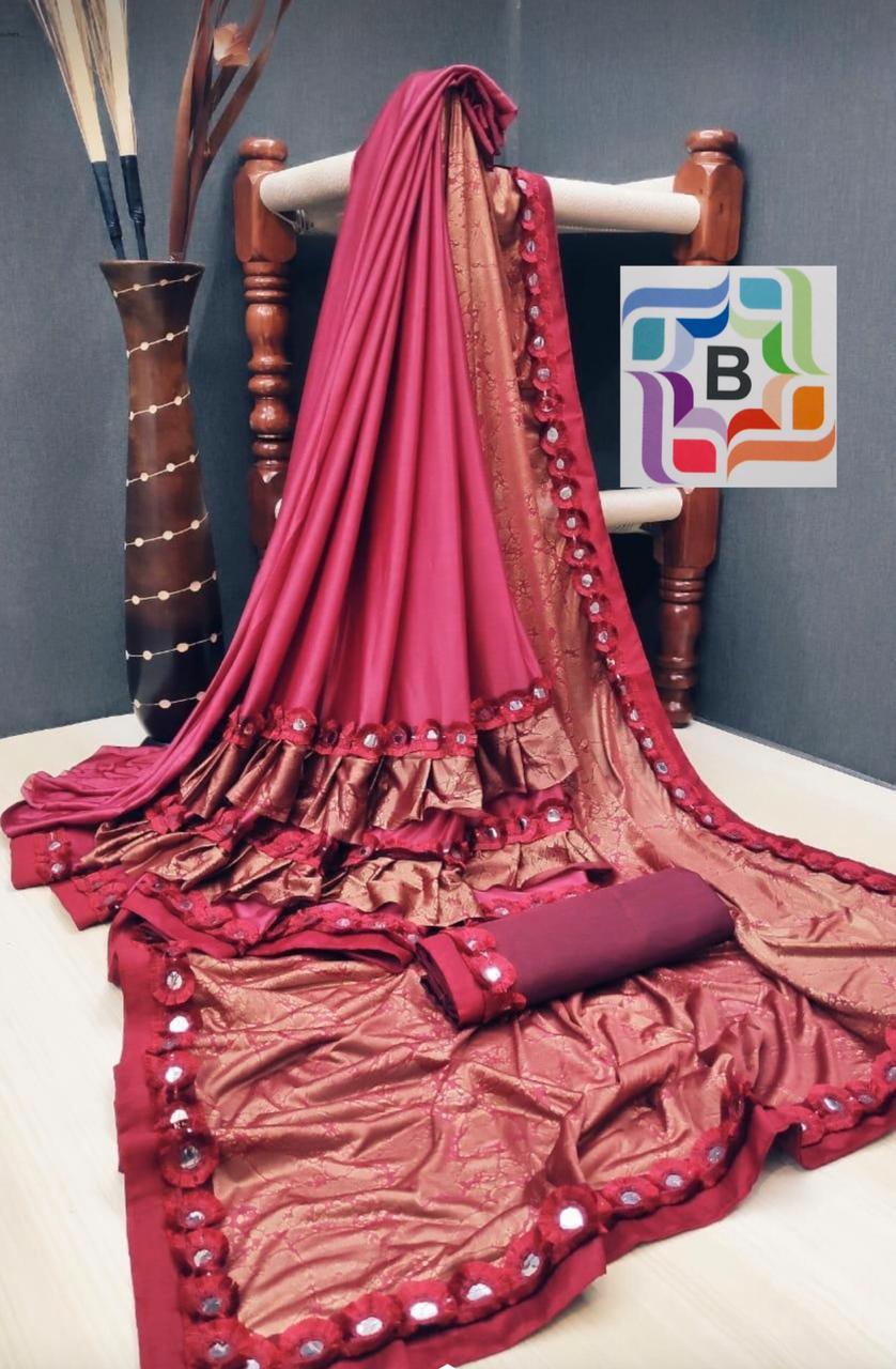 Fancy ruffele jarsi silk with Flog work saree